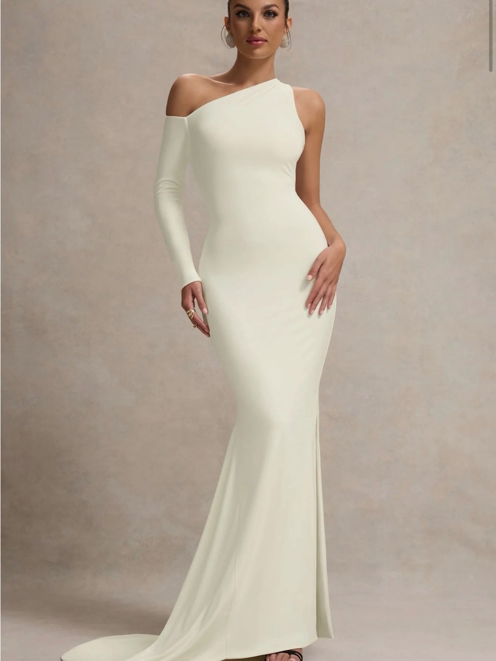 Asymmetric One-Shoulder Ivory Evening Gown - Picture 1 of 5